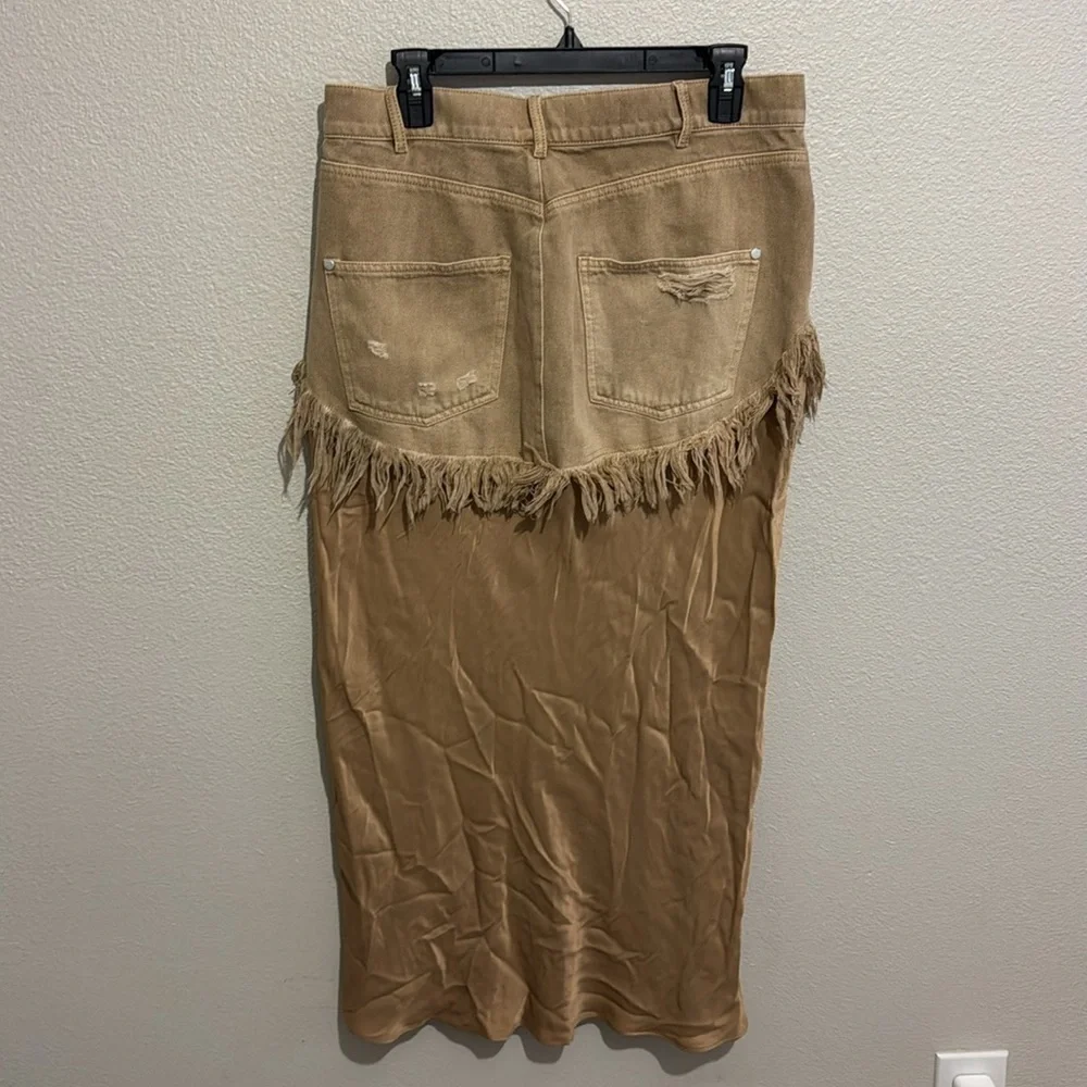 Pilcro Twofer Slip Midi Tan A-Line Skirt with Fringe Rodeo Cowgirl